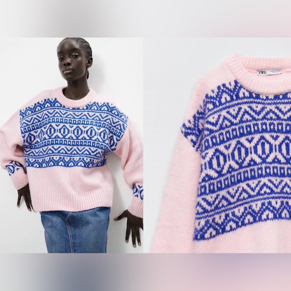 ZARA BUBBLEGUM PINK & BLUE KNIT SWEATER | CREW NECK | LONG SLEEVES | M - Picture 3 of 12